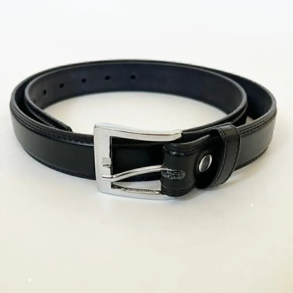 Made flour Men’s Black Leather Belt 33-39” Smooth‎ Grain Silver Square Buckle